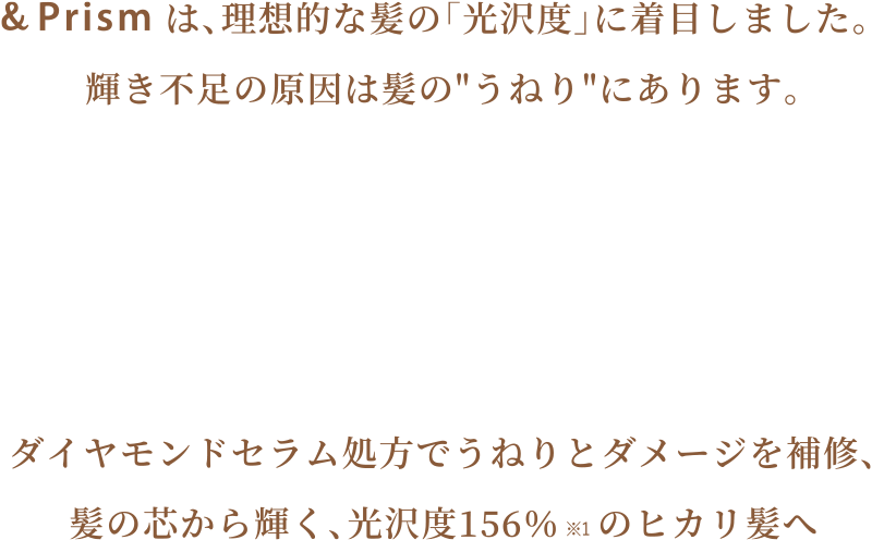 &Prismは、理想的な髪の「光沢度」に着目しました。輝き不足の原因は髪のうねりにあります。ダイヤモンドセラム処方でうねりとダメージを補修、髪の芯から輝く、光沢度156％のヒカリ髪へ